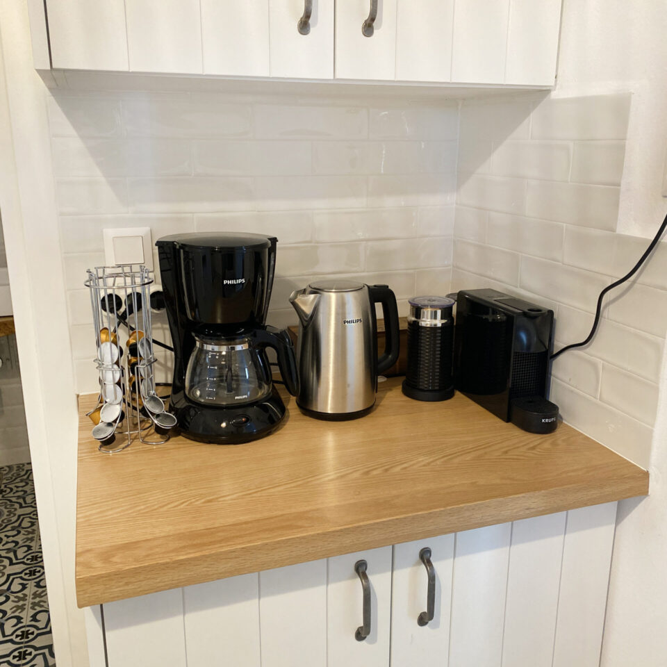 Kitchen is supplied with Refrigerator, freezer, nespresso machine, aeroccino for milk froth (hot and cold) for cappuccino and freddo cappuccino, hand-held machine for French coffee.